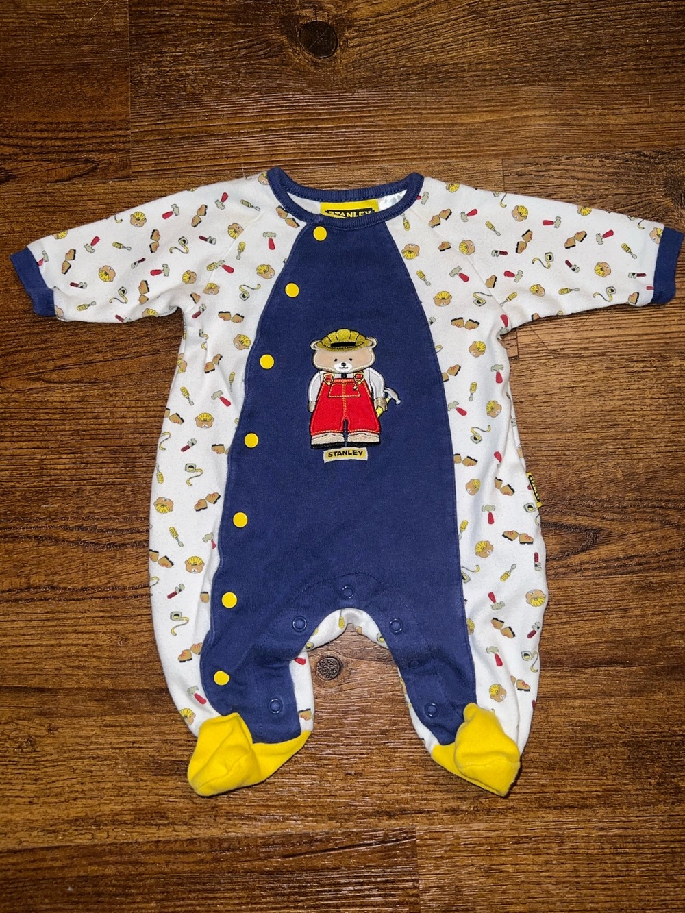 Vintage 90’s Stanley Baby Construction Teddy Bear Footsie Colorblock Size 0-3M